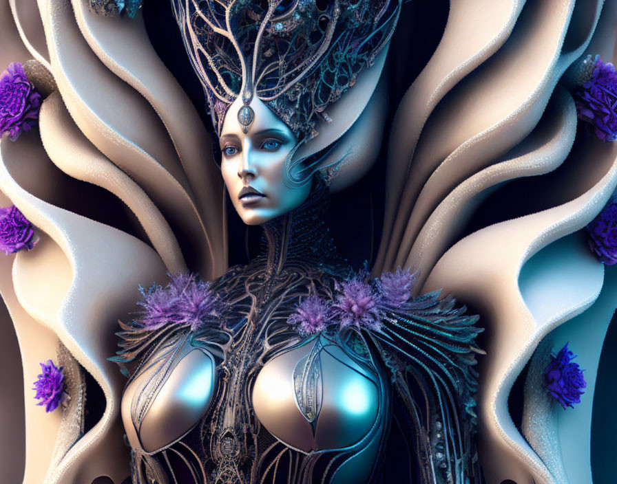 Futuristic female figure with blue skin in ornate headgear and metallic attire on soft background