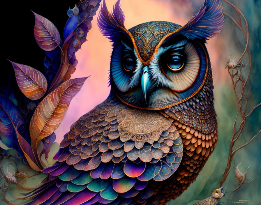 Vibrant Owl Artwork with Intricate Patterns and Colors