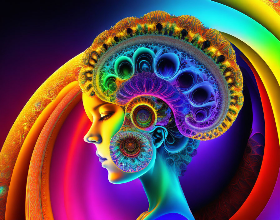 Colorful fractal patterns in digital artwork of a woman's profile.