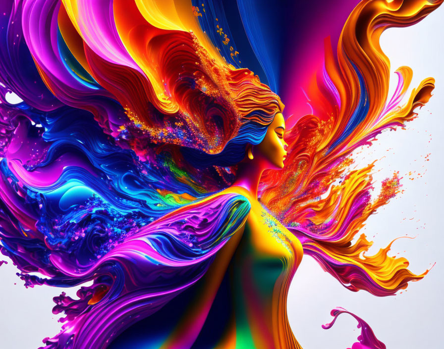 Colorful liquid swirls merge with woman's silhouette in dynamic digital art