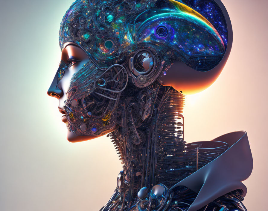 Futuristic android with intricate mechanical structure and cosmic patterns