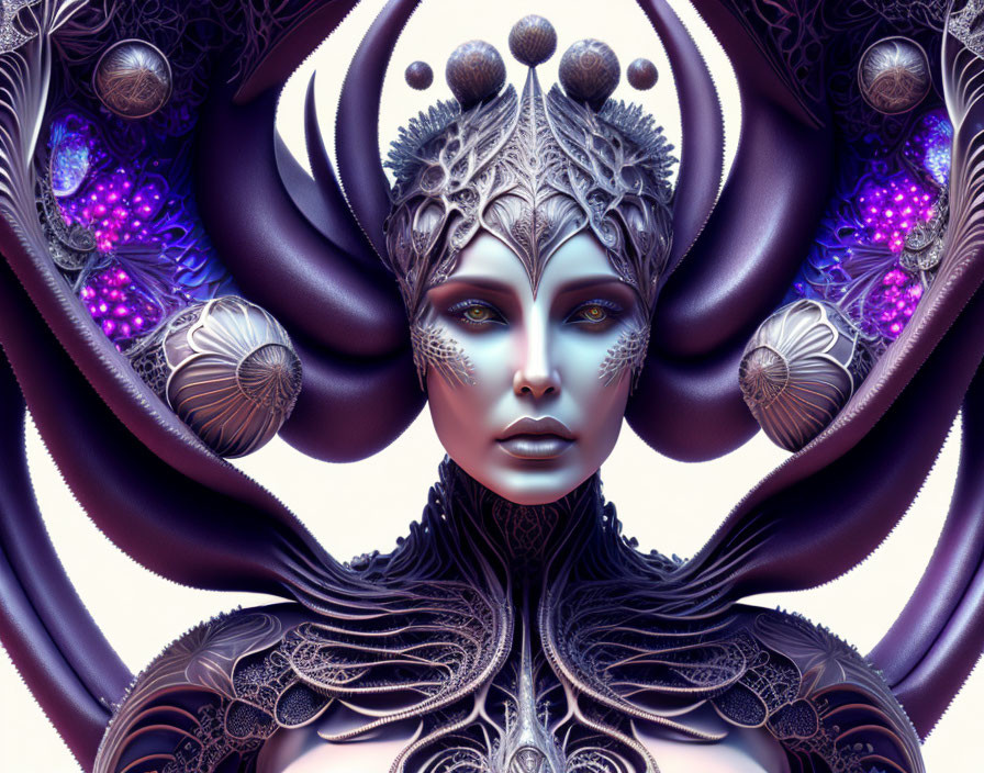 Fantasy digital artwork: Female figure with ornate headpieces in purple, silver, and black