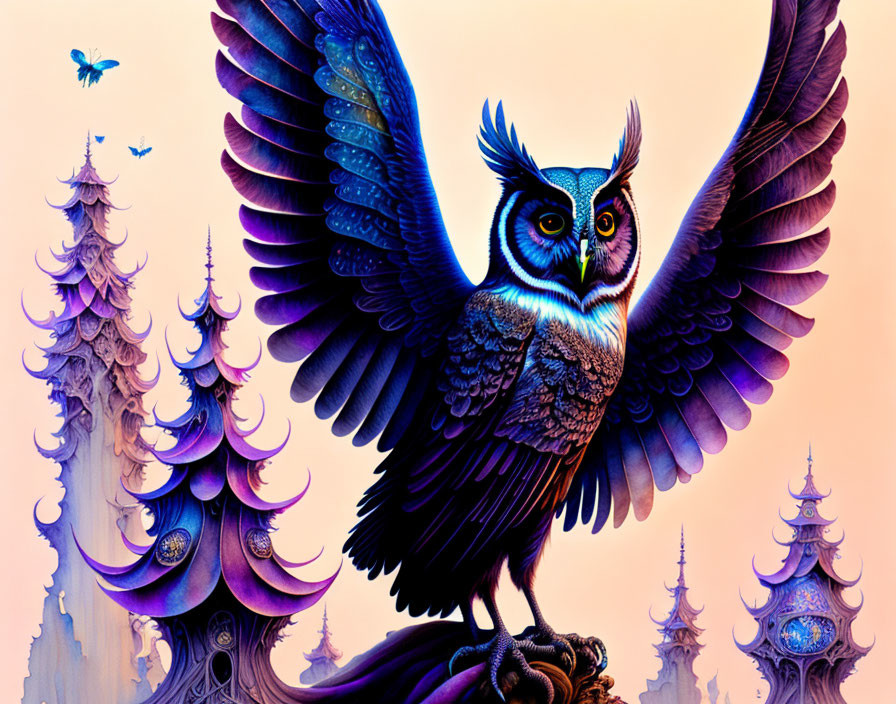 Majestic owl in flight with outstretched wings amidst purple and pink trees under gradient sky