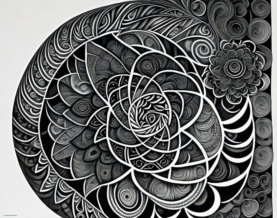 Detailed Black and White Abstract Art with Overlapping Circles and Floral Patterns