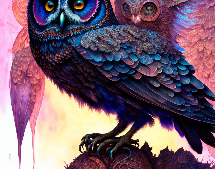 Colorful Illustration of Ornate Owls Blending Into Vibrant Background