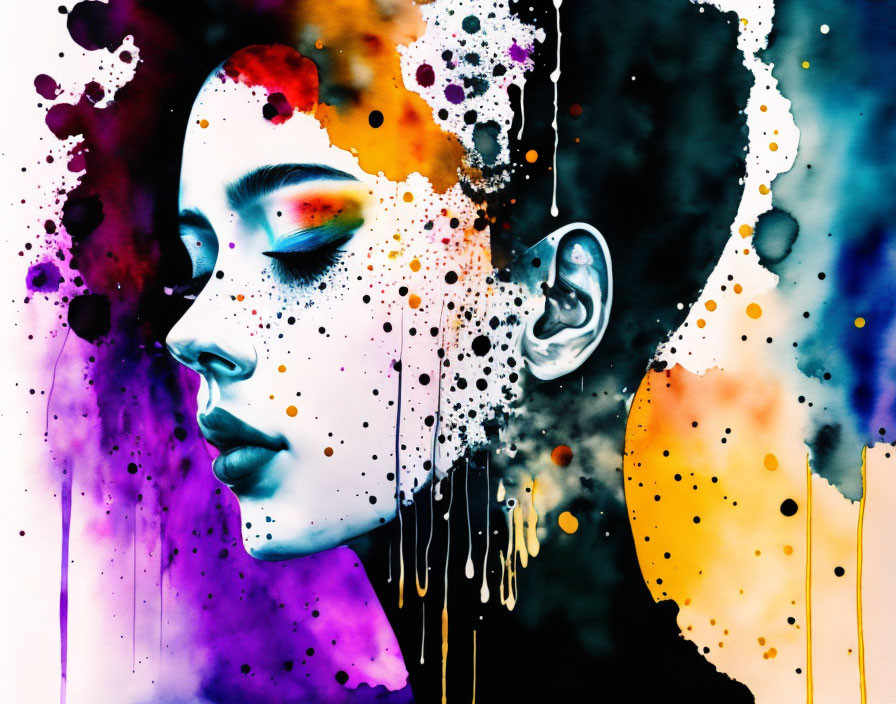 Vibrant abstract painting of woman's profile with colorful paint splashes