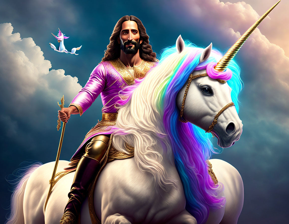 Man with long hair and beard riding white unicorn under dramatic sky