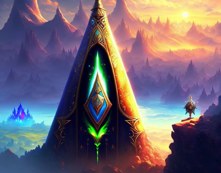 Mystical triangular gate with glowing runes in colorful crystal landscape