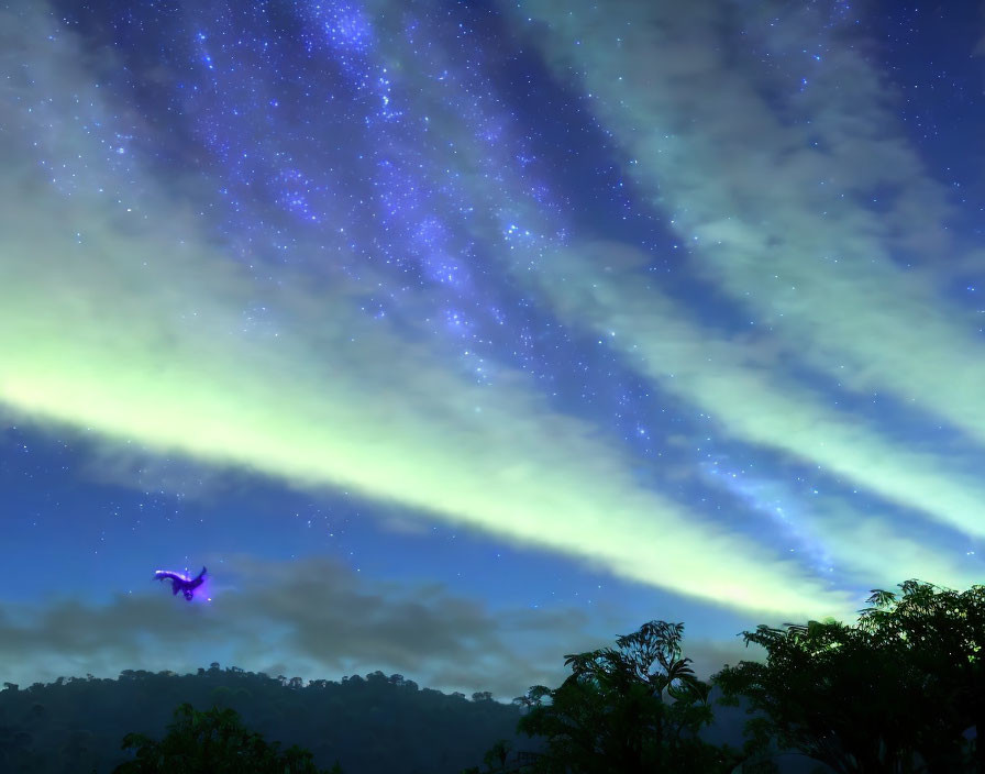 Starry night sky over dark forest with glowing purple creature