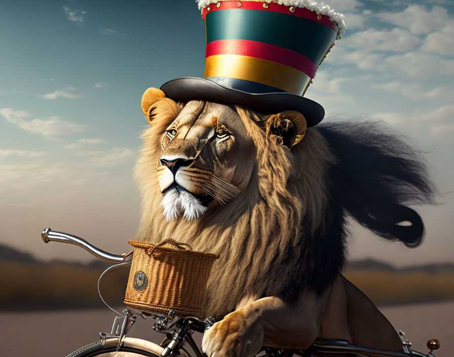 Majestic lion in top hat rides vintage bicycle in desert landscape