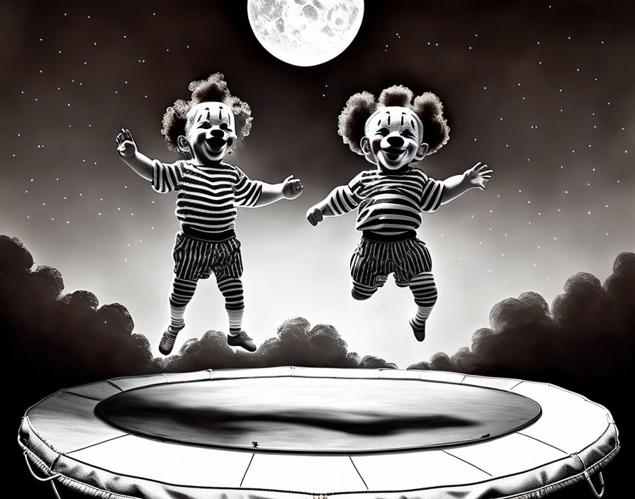 Two joyful clowns in striped outfits on trampoline under starry night