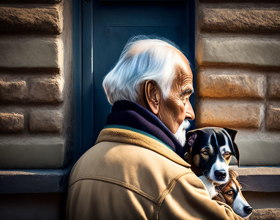 Elderly Man with White Hair Holding Small Dog by Door