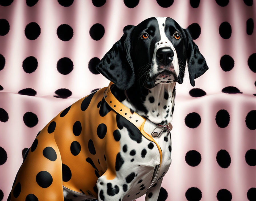 Spotted Dalmatian Dog with Orange Collar on Matching Background