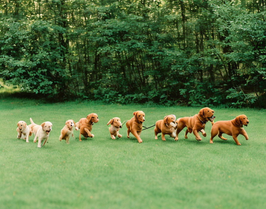 Nine puppies of various sizes in grassy field with fur color gradient.