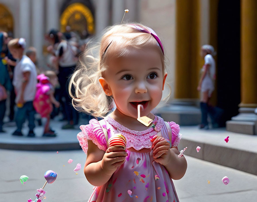 Toddler girl smiling with lollipop in outdoor setting