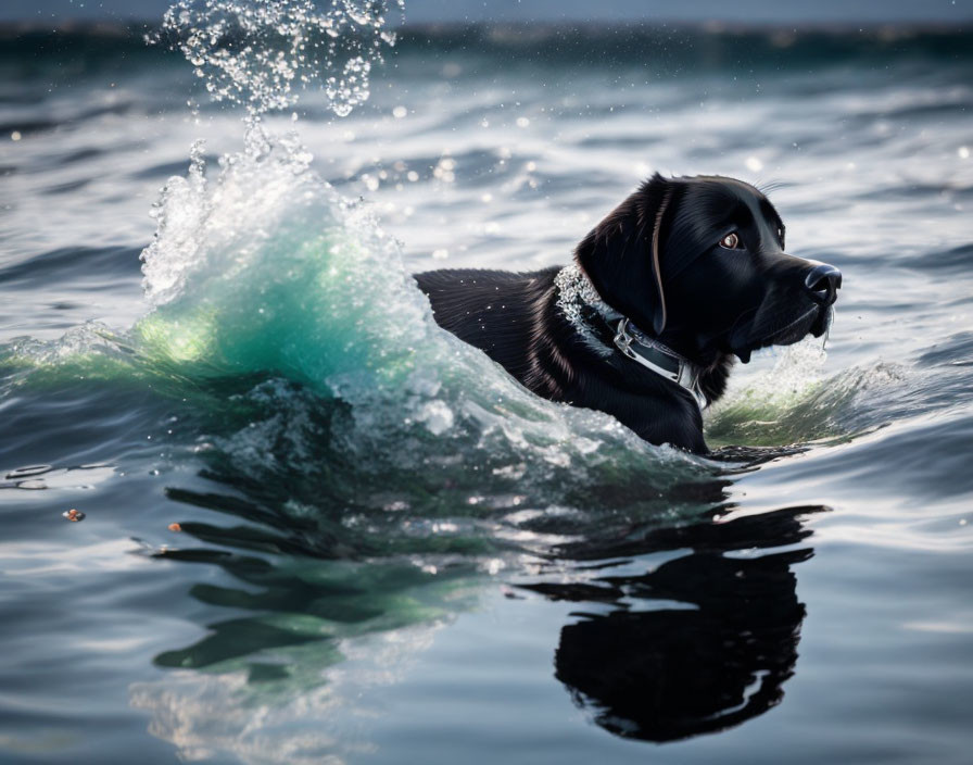 Black Dog Swimming with Collar in Intense Wave Splash