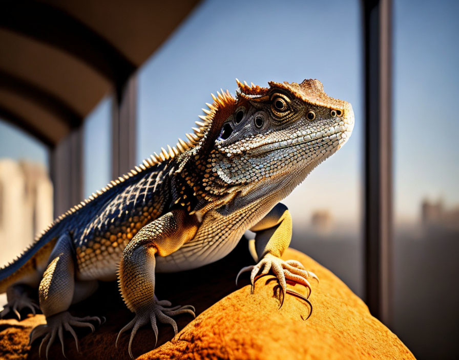 Bearded Dragon on Rock with Indoor Cityscape View