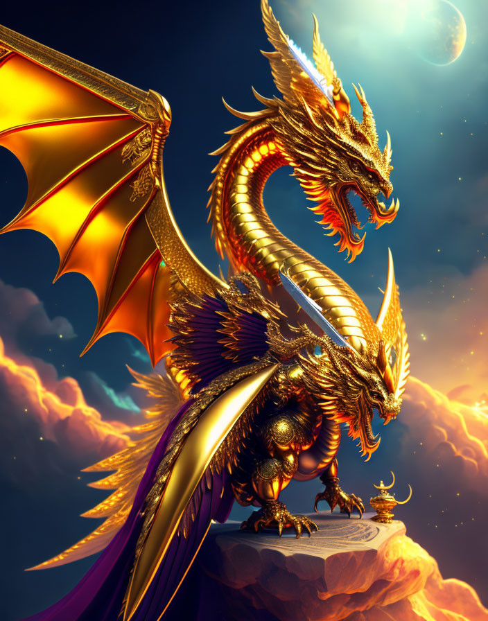 Golden dragon perched on cliff under dramatic sky with outstretched wings.