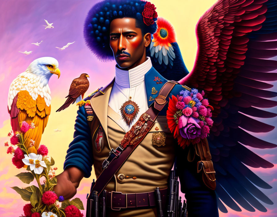 Colorful portrait of man in military uniform with medals, eagle, hawk, flowers, majestic wing