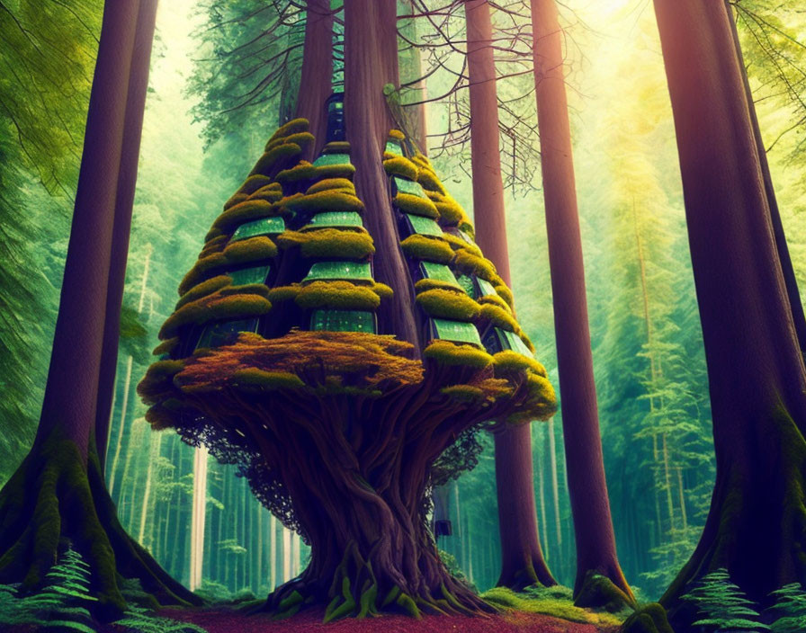 Whimsical tree with mushroom-like shelves in misty forest