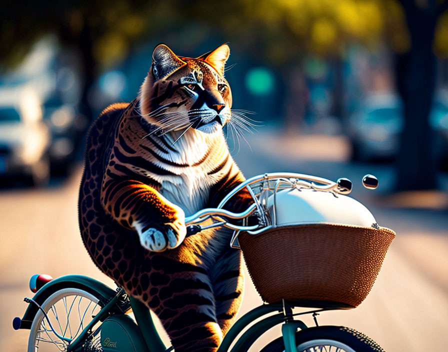 Digitally altered image: Cat riding a bicycle on sunny street