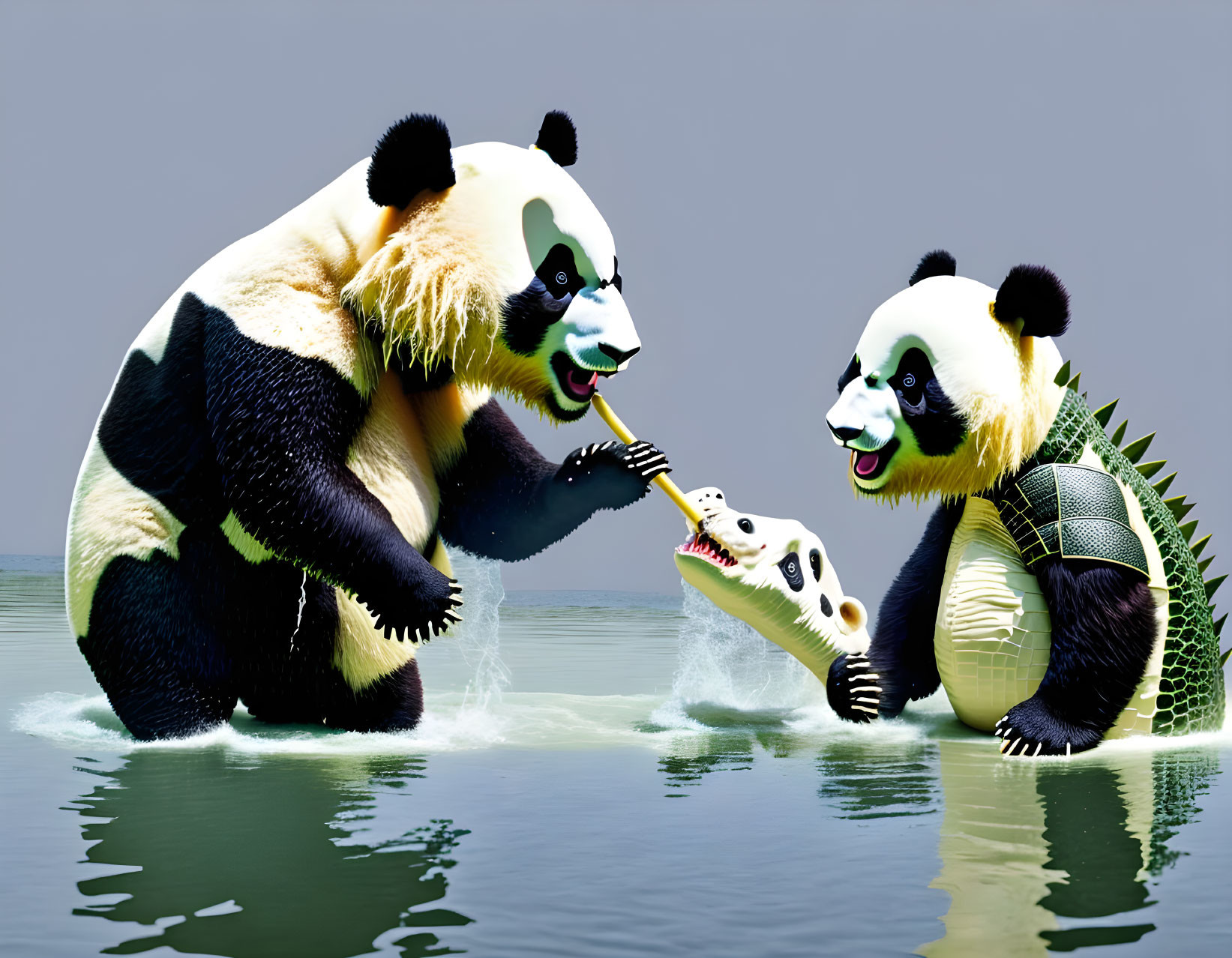 Two pandas in water, one playing guitar to the other listening attentively