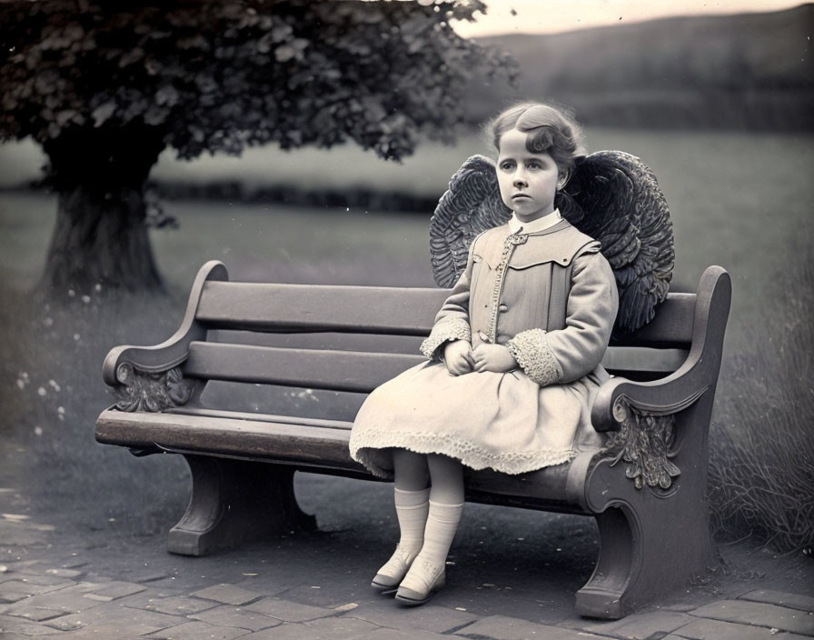 Vintage photo: Young girl in lace collar dress on park bench