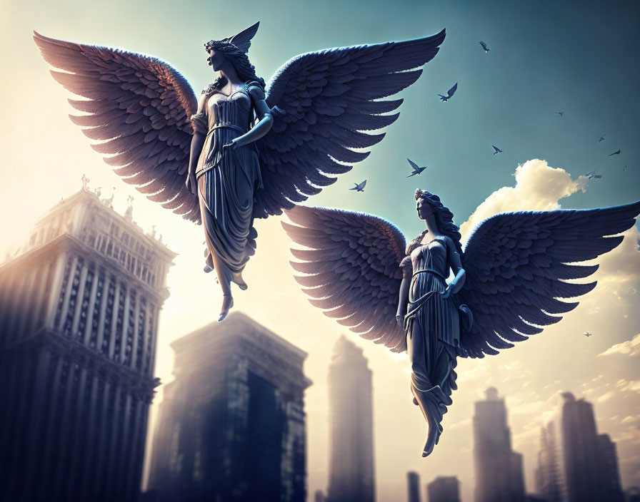 Winged statues over city skyline with dramatic sky