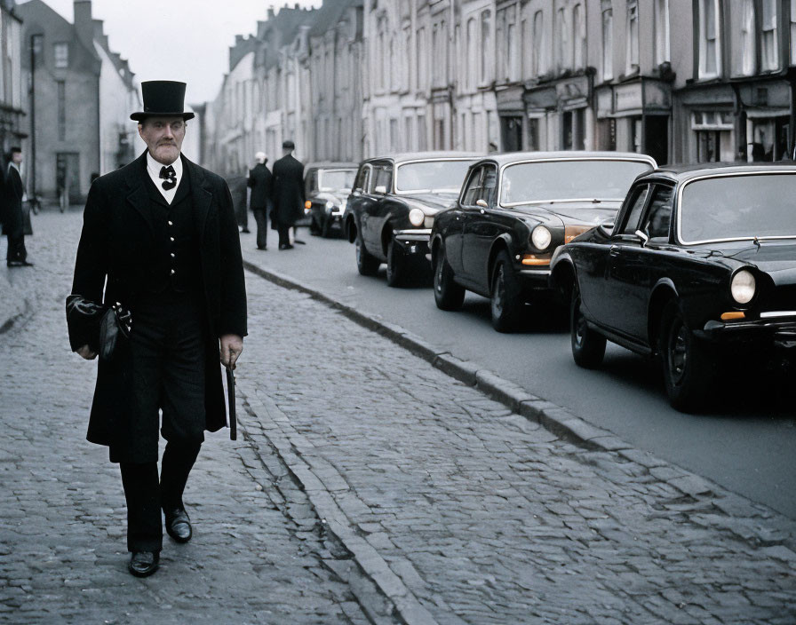 Vintage man with top hat and cane on cobblestone street with classic cars