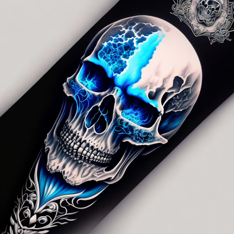 Detailed Skull Illustration with Blue and White Patterns on Black Background