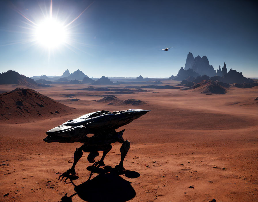 Futuristic spacecraft on alien planet with rocky mountains