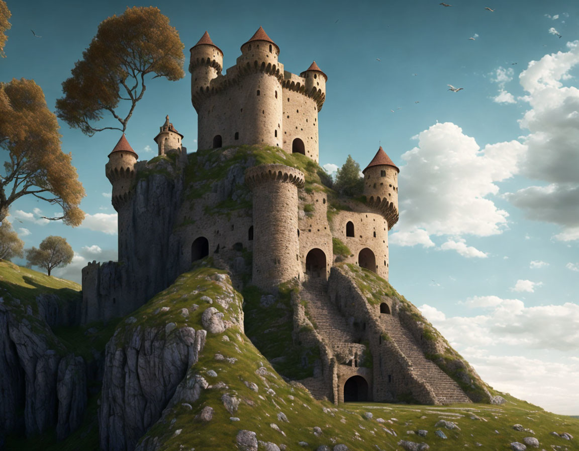 Stone castle with multiple towers on rugged hill amidst greenery and blue sky.