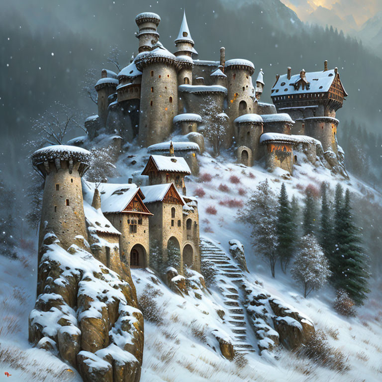 Snow-covered stone castle in mountain landscape with falling snowflakes