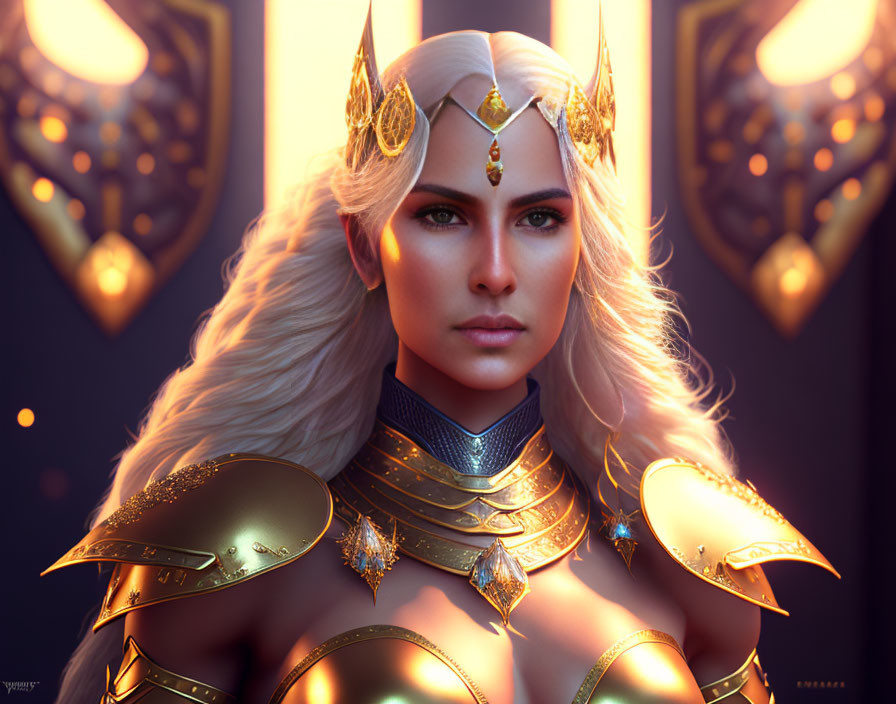 Female warrior digital art: long white hair, intense gaze, golden armor, gemstone crown.