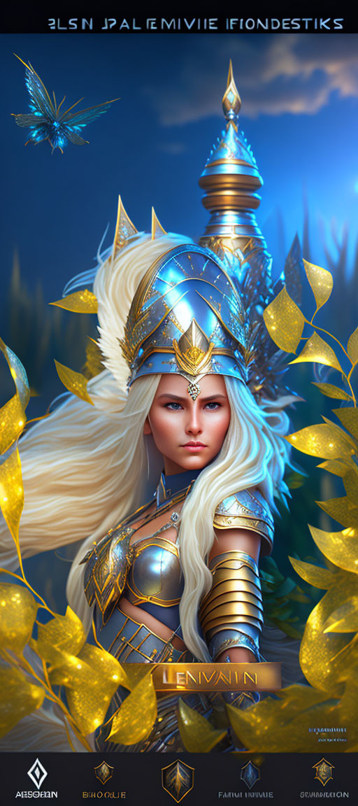 Fantasy warrior digital art: white-haired warrior in blue and gold armor under night sky