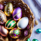 Colorful Easter Eggs in Sparkling Basket on Sequined Fabric