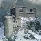 Snow-covered stone castle in mountain landscape with falling snowflakes