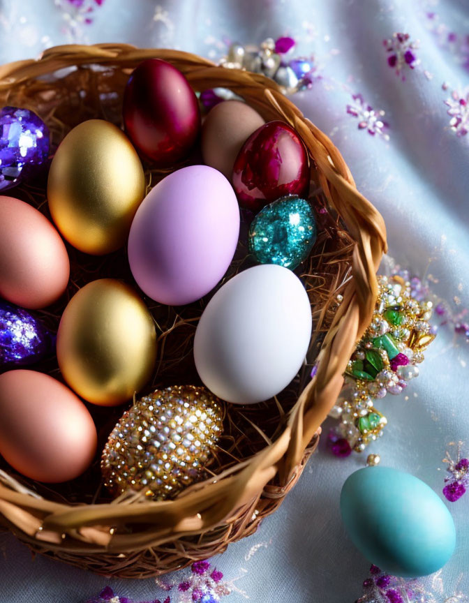 Colorful Easter Eggs in Sparkling Basket on Sequined Fabric