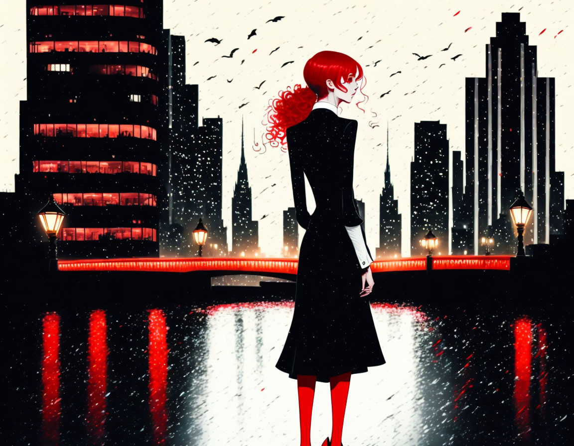 Vibrant red-haired woman in cityscape at night with falling red leaves