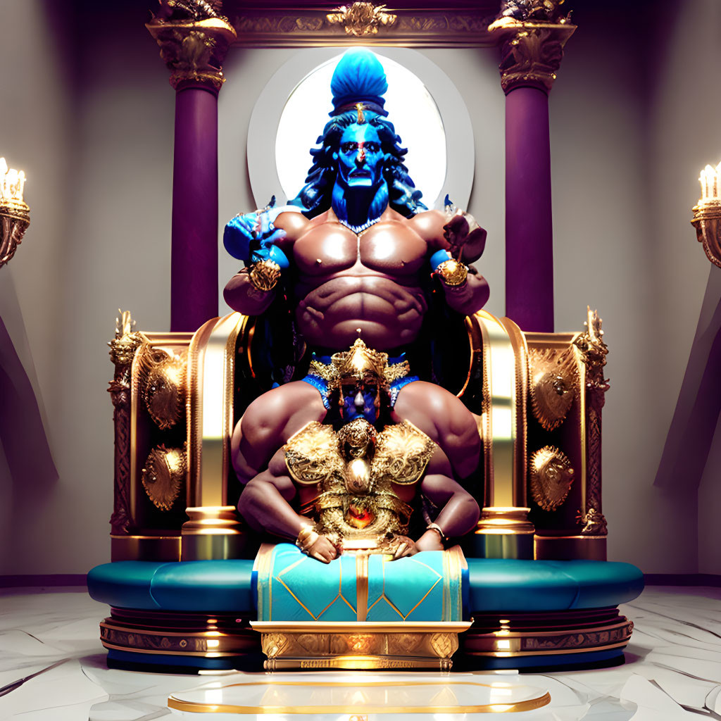 Muscular blue-skinned deities in golden attire on regal thrones in purple-pillared hall