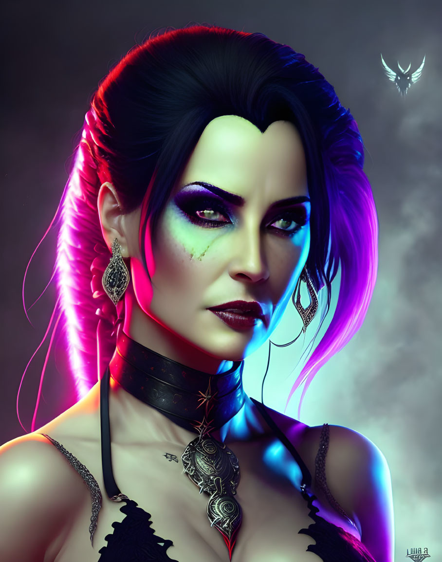 Digital Artwork: Woman with Purple and Black Hair, Green Eyes, Choker, Fantasy Makeup,