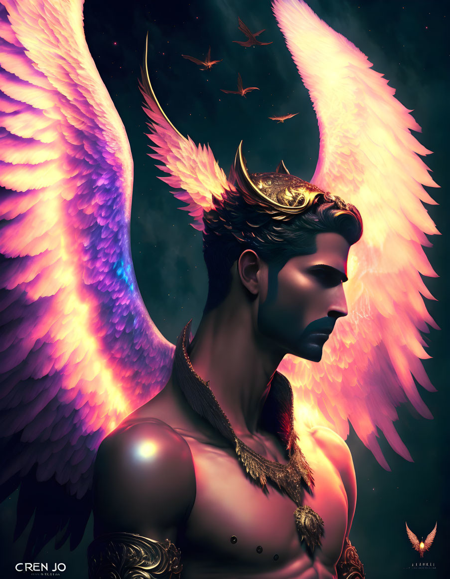 Male figure with pink wings and golden crown in dark starry setting