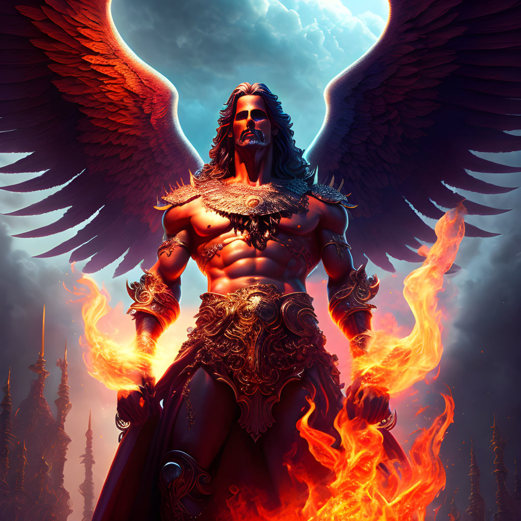 Majestic winged male figure in flames against dark backdrop