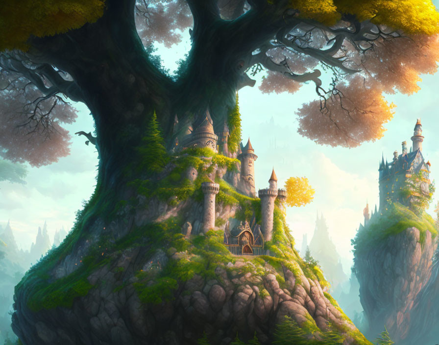 Majestic castle with spires nestled in giant tree amidst lush greenery