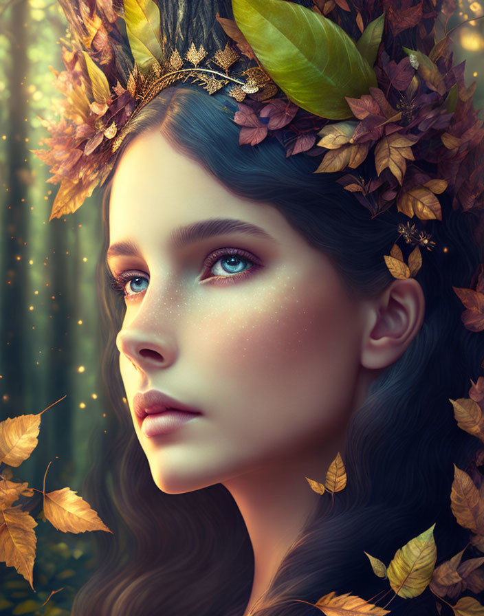 Fantasy portrait of a woman with autumn leaf crown and forest backdrop