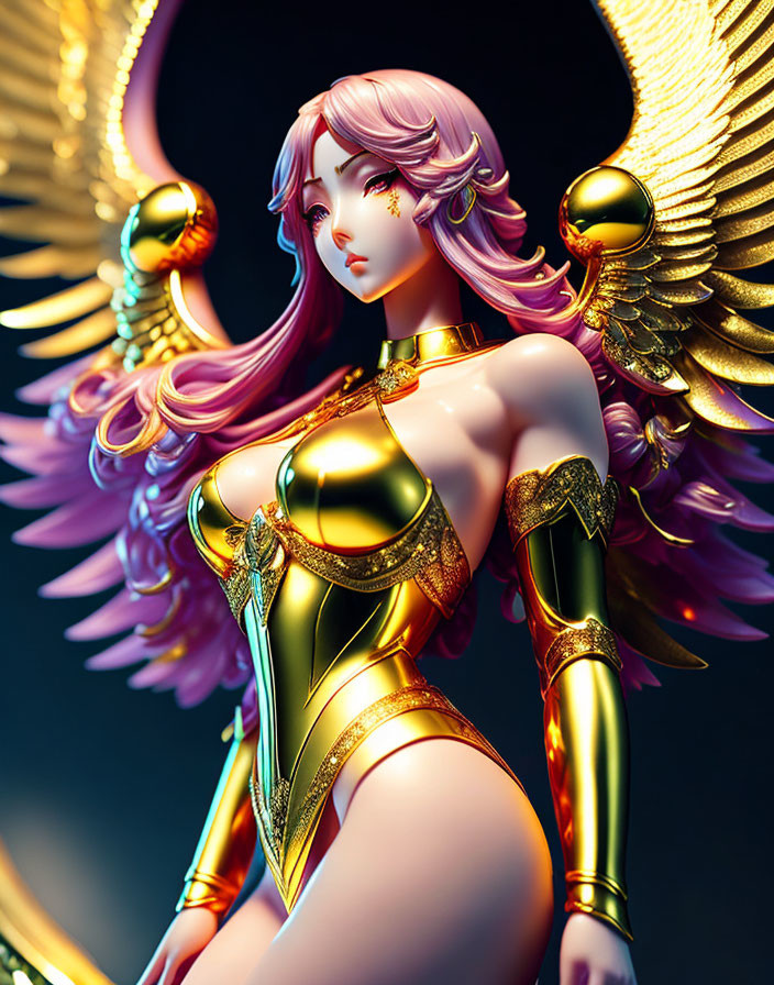 Illustrated pink-haired female character in golden armor with angelic wings on dark backdrop