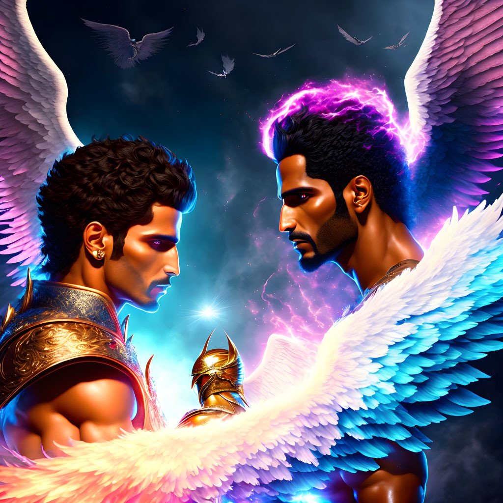 Stylized male figures with angelic wings and cosmic backdrop featuring glowing purple hair and armored character.