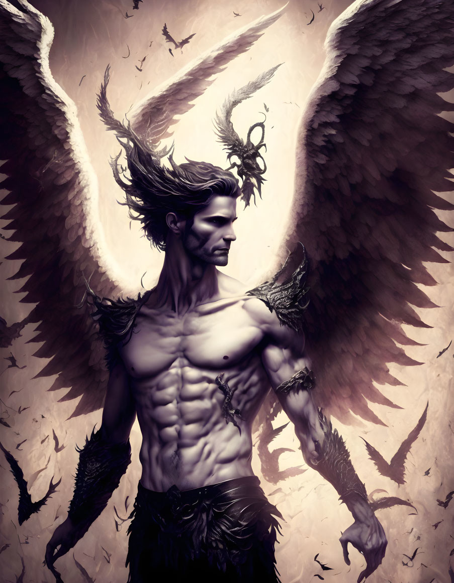 Majestic male figure with large wings in dramatic monochrome setting