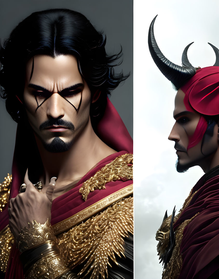 Stylized fantasy characters: man in golden armor and figure with red horns