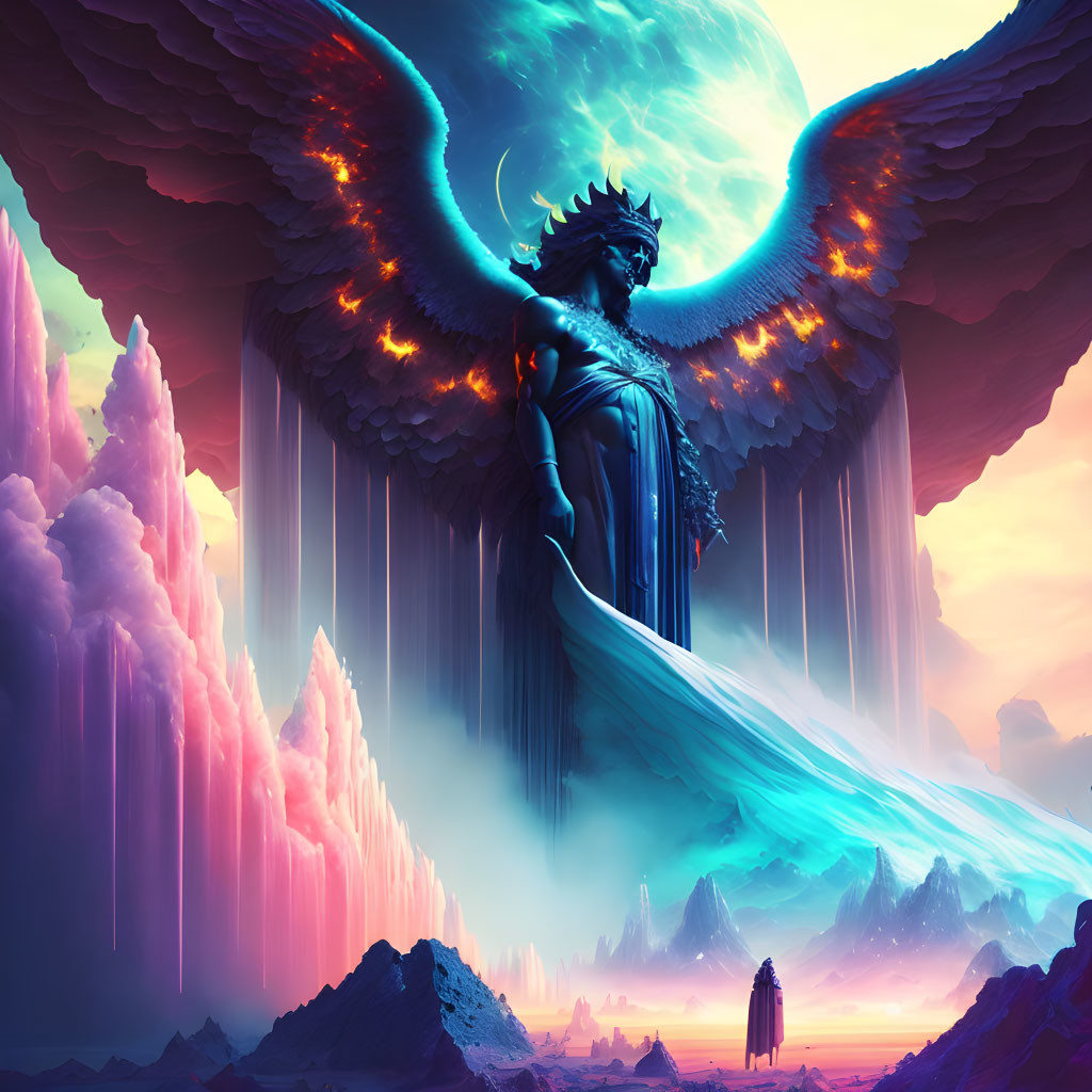 Regal winged figure in vibrant fantasy landscapes